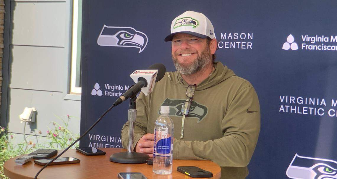 Seahawks general manager John Schneider talking to the media following practice at the Virginia Mason Athletic Center in Renton Aug. 28, 2024.