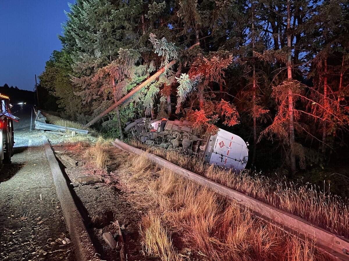A tanker truck took a spill on eastbound state Route 16 early Aug. 14, 2023. The road opened five hours later.&nbsp;