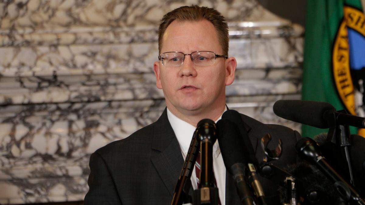 State Superintendent of Public Instruction Chris Reykdal talks to the media about the decision to close schools in response to COVID-19 on March 12.