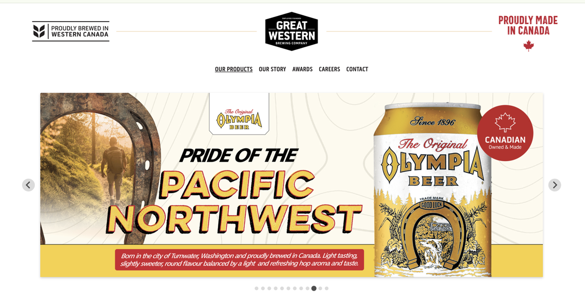 A screenshot of marketing from Great Western Brewing’s website promoting Olympia Beer among brands in its product line.