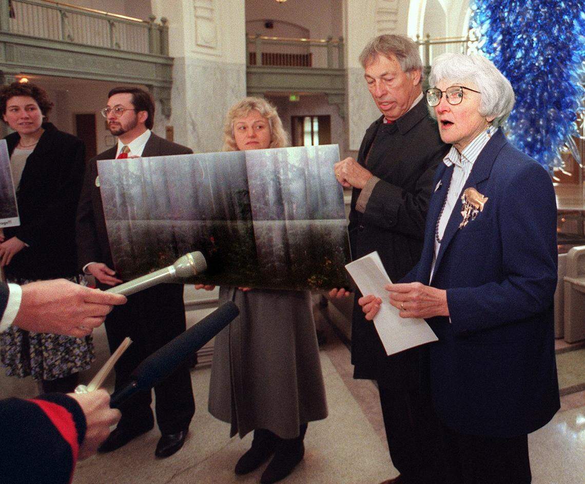 Environmental Activist Helen Engle, along with other activists, protest a planned timber harvest that would include some old growth trees near Sequim.