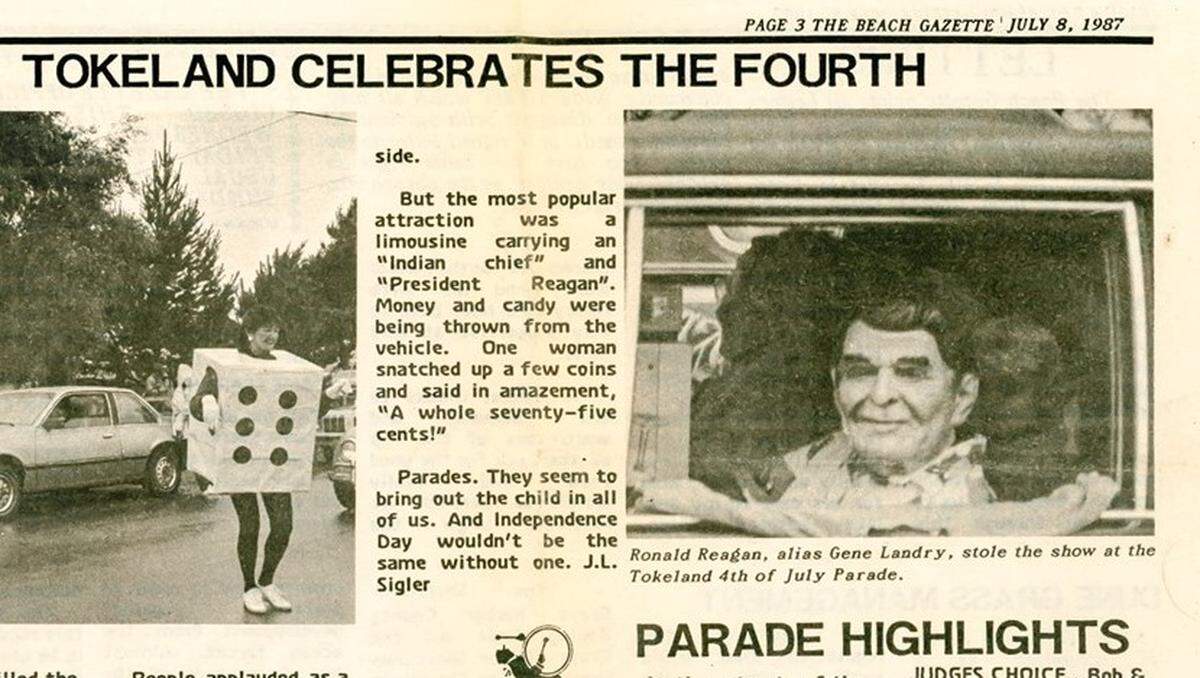 Eugene Landry wears a Ronald Reagan mask in the 1987 Tokeland July 4th parade.