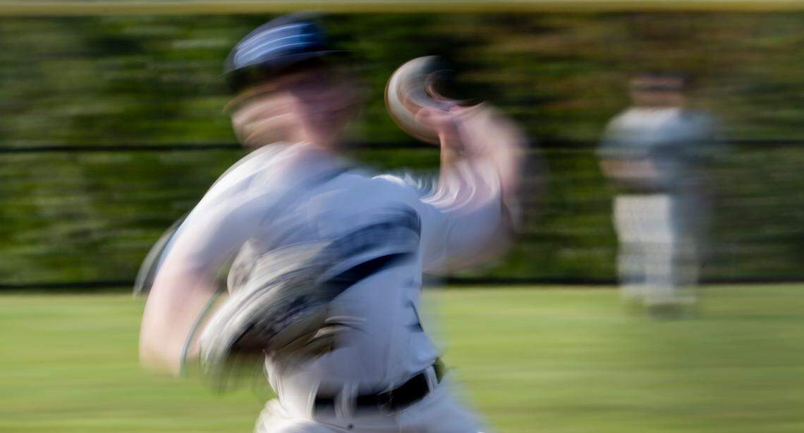 Gig Harbor’s Kyle Anderson (5) pitches against Timberline during the baseball game at Sehmel Homestead Park, on Wednesday, April 30, 2025, in Gig Harbor, Wash.