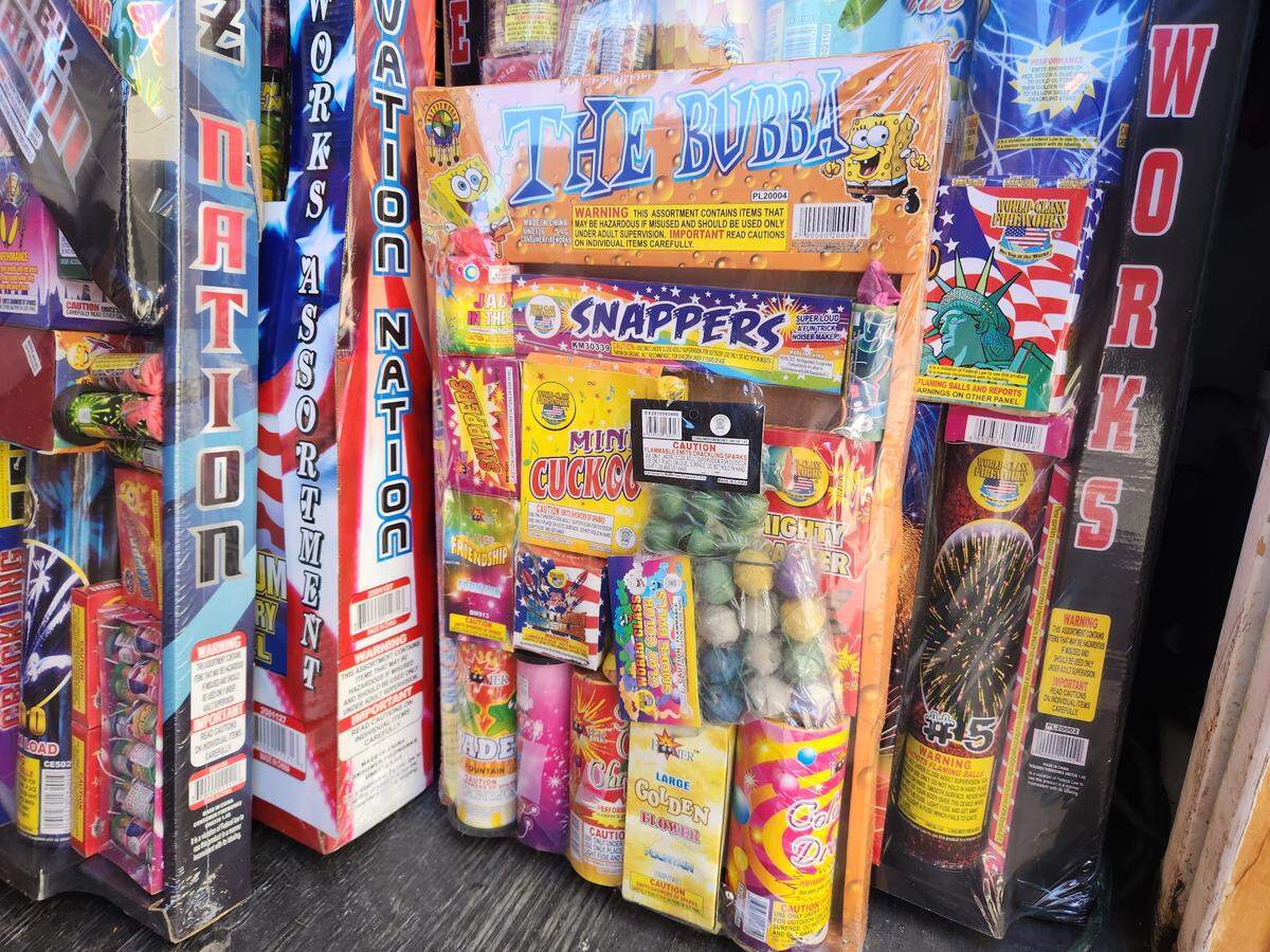 A set containing different firecracker products displays the cartoon character Spongebob Squarepants on the packaging at Firecracker Alley in Tacoma on June 29, 2023.