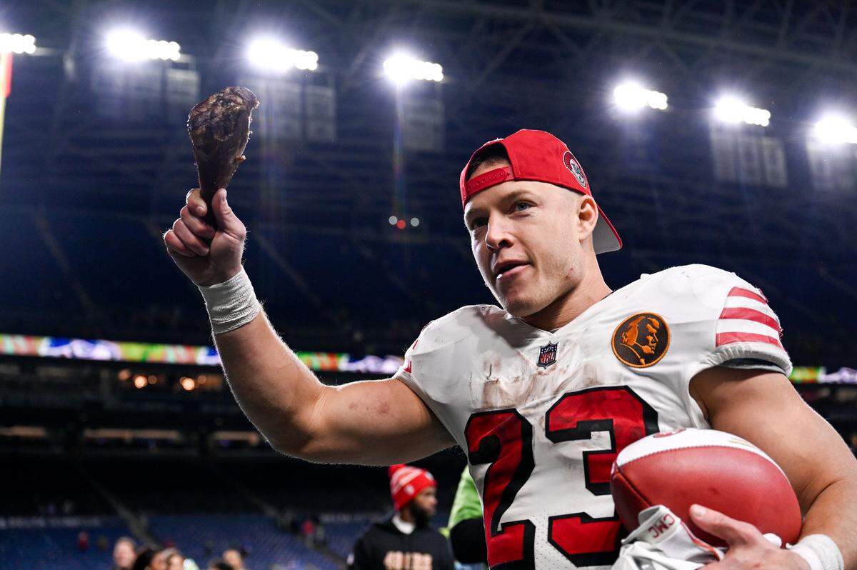 San Francisco 49ers running back Christian McCaffrey (23) walks off the field after the 49ers 31-13 victory against the Seattle Seahawks at Lumen Field, Thursday, Nov. 23, 2023, in Seattle, Wash.
