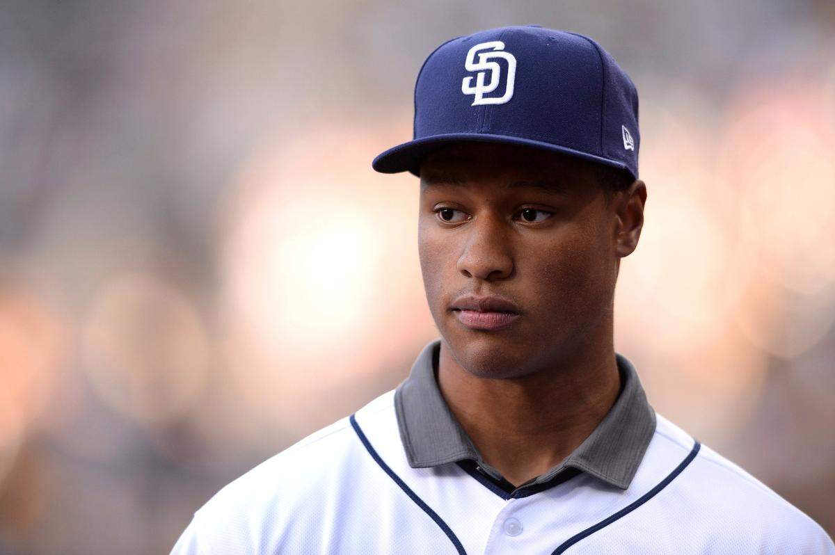 San Diego Padres second round draft pick Joshua Mears looks on before the game against the Washington Nationals during the first inning of a baseball game Saturday, June 8, 2019, in San Diego. (AP Photo/Orlando Ramirez)