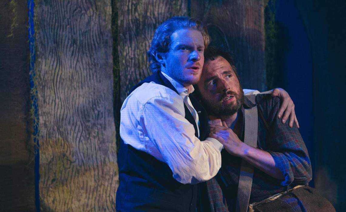 Ricky Spaulding as deputy sheriff Giles Quimby (left) and Casey Raiha as outlaw John Tornow in “Wild Man of the Wynoochee” at Key City Public Theatre.