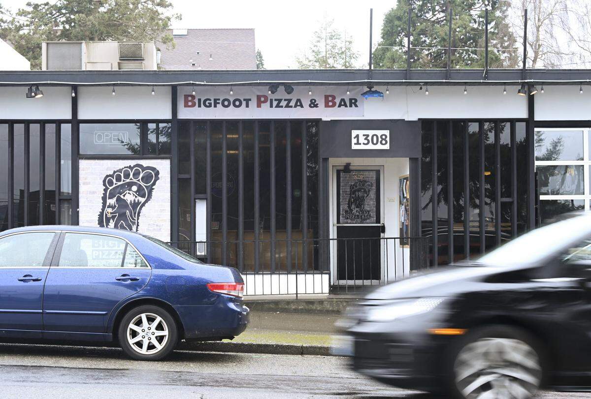 Cars move past the entrance to Bigfoot Pizza and Bar along North I Street on Friday, March 6, 2026, in Tacoma, Wash.