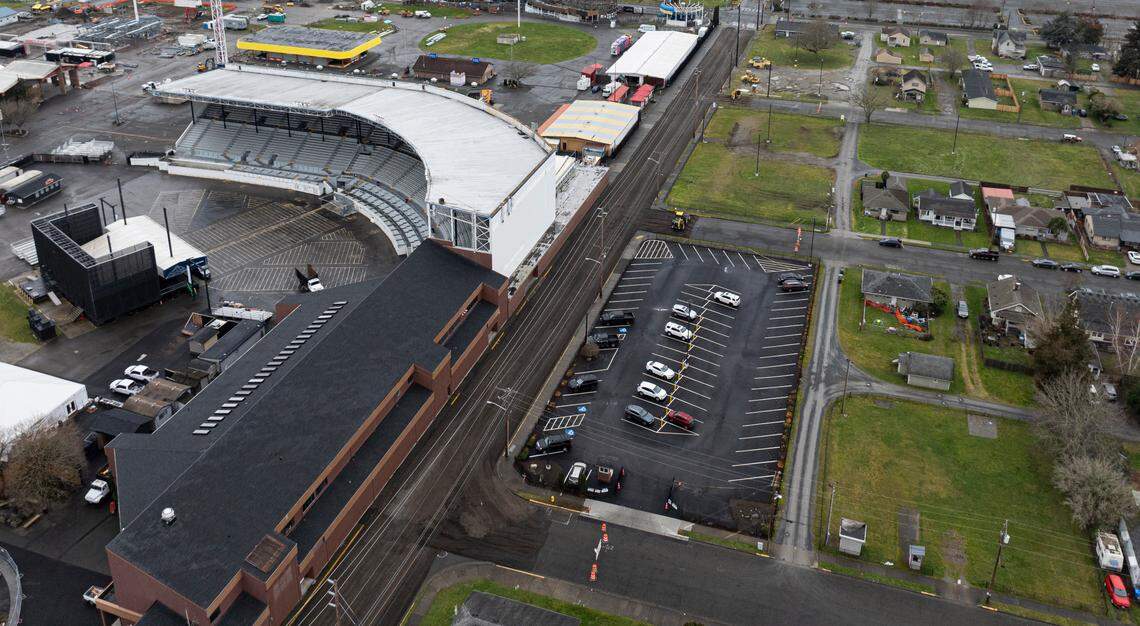 Ninth Street Southwest is closed and under construction behind the Washington State Fairgrounds, on Wednesday, Feb. 5, 2025, in Puyallup.