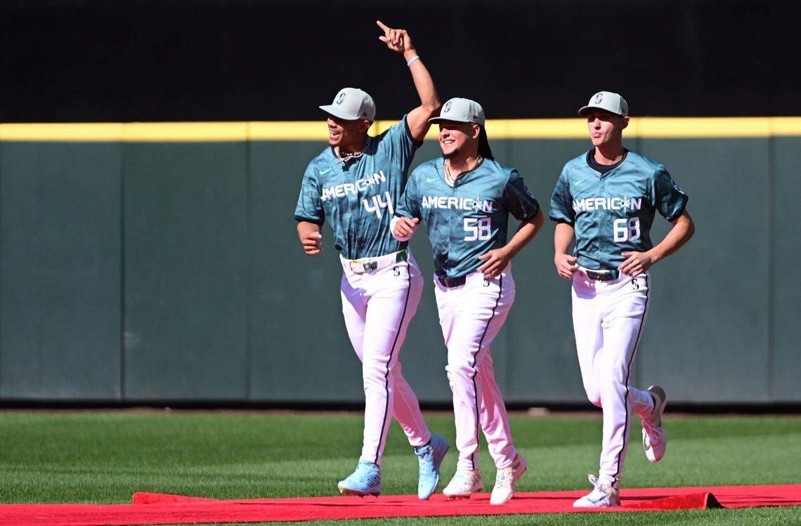 Seattle Mariners All-Stars Julio Rodriguez, Luis Castillo and George Kirby introduced at the 2023 MLB All-Star Game at T-Mobile Park on Tuesday, July 11, 2023.