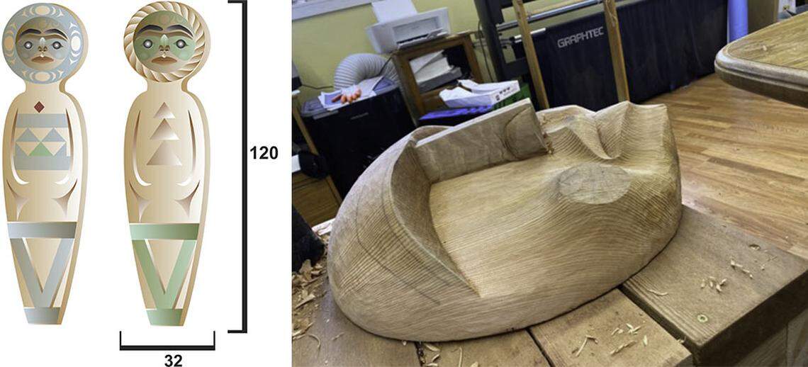 Renowned Squaxin Island carver Andrea Wilbur-Sigo created two 10-foot cedar house posts — carved, painted wooden beams that tell a story and traditionally mark Salish homes — that were installed on either side of the Eastside Street Art Crossing in Olympia, Wash. Members of the Squaxin Island Tribe and Olympia community gathered to celebrate the installation, named “Unity,” Saturday, Dec. 4, 2021 in Watershed Park.