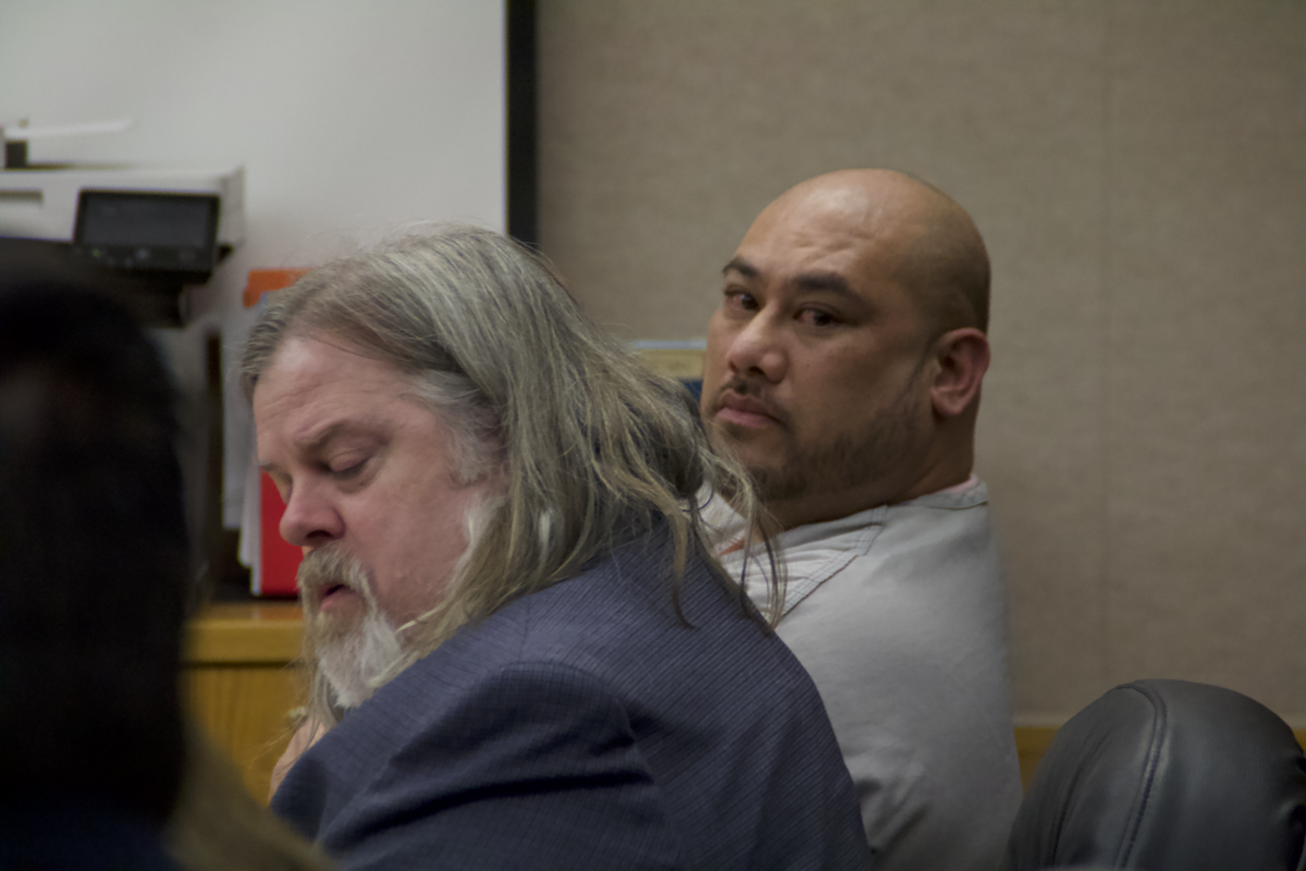 Donald Salave’a, right, is seated next to his attorney Friday, Oct. 13, 2023, in Pierce County Superior Court prior to sentencing. A jury found him guilty in July of first-degree manslaughter for the fatal shooting of 46-year-old Reagan Kimbrough. He was also convicted of first-degree robbery and unlawful possession of a firearm.