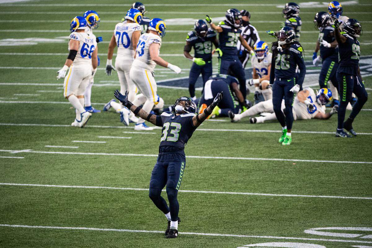 Seattle Seahawks defensive back Jamal Adams celebrates after a play during the fourth quarter. The Seattle Seahawks played the Los Angeles Rams in a NFL football game at Lumen Field in Seattle, Wash., on Sunday, Dec. 27, 2020.