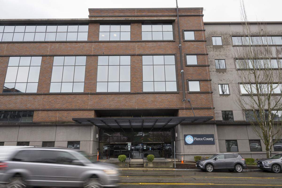 Cars move past Pierce County's new administration building along Market Street on Wednesday, March 4, 2026, in Tacoma, Wash.