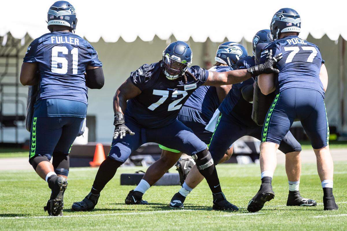 Seattle Seahawks offensive lineman Brandon Shell during training camp practice at the Virginia Mason Athletic Center in Renton, WA on August 14, 2020. (MANDATORY CREDIT Ñ ROD MAR/SEATTLE SEAHAWKS)