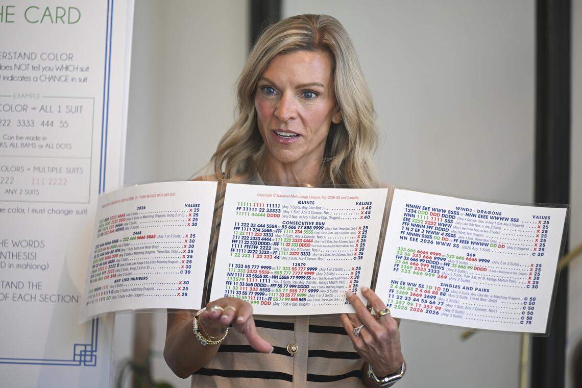 Mandee Wheelus breaks down the rules of playing American mahjong during a Mahj with Mandee class on Thursday, April 9, 2026, at the Kindship Studio in Gig Harbor, Wash.