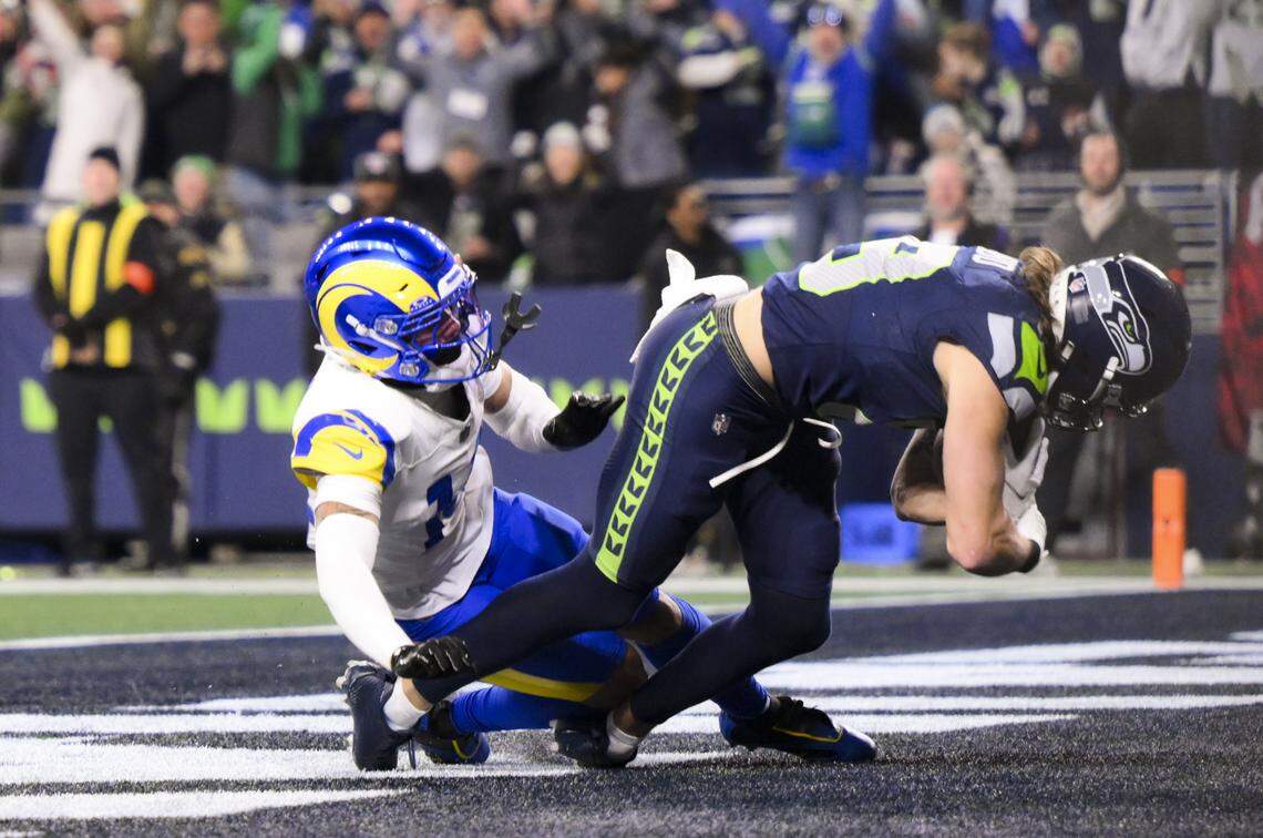 Seattle Seahawks wide receiver Jake Bobo (19) makes a 17-yard touchdown reception against Los Angeles Rams during the third quarter of the NFC Championship game at Lumen Field, on Sunday, Jan. 25, 2026, in Seattle.