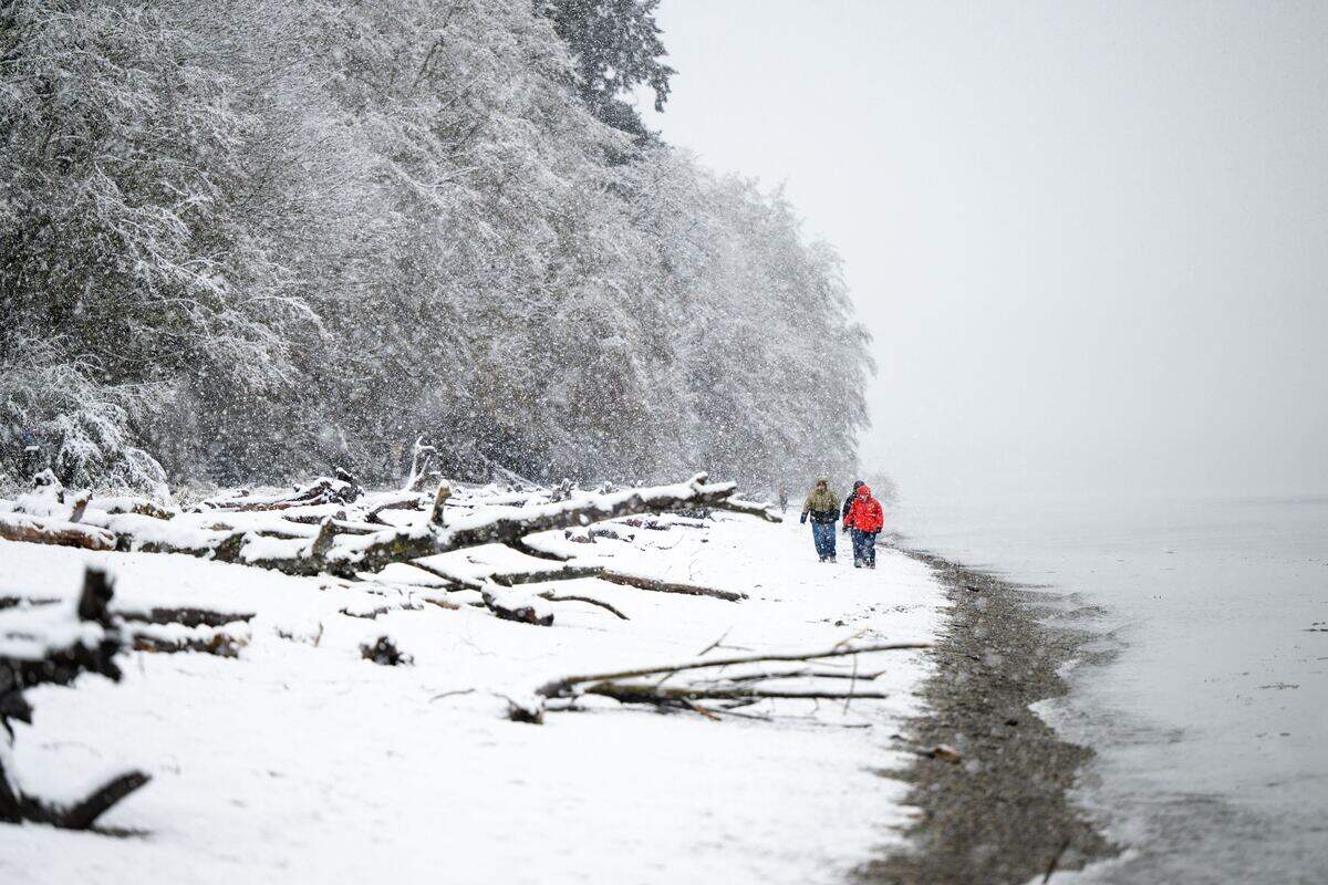 People walk along Owen Beach as snow continues to blanket Tacoma on Friday, March 13, 2026.