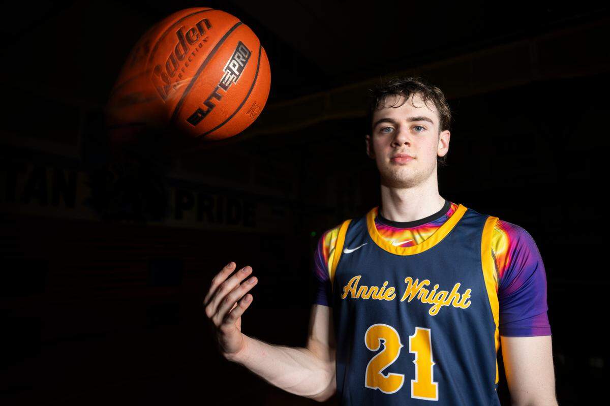 The News Tribune’s 2025 All-Area boys basketball first-team selection, Annie Wright senior Martin Kaupanger, poses for a portrait at Sumner High School, on Sunday, March 23, 2025, in Sumner.