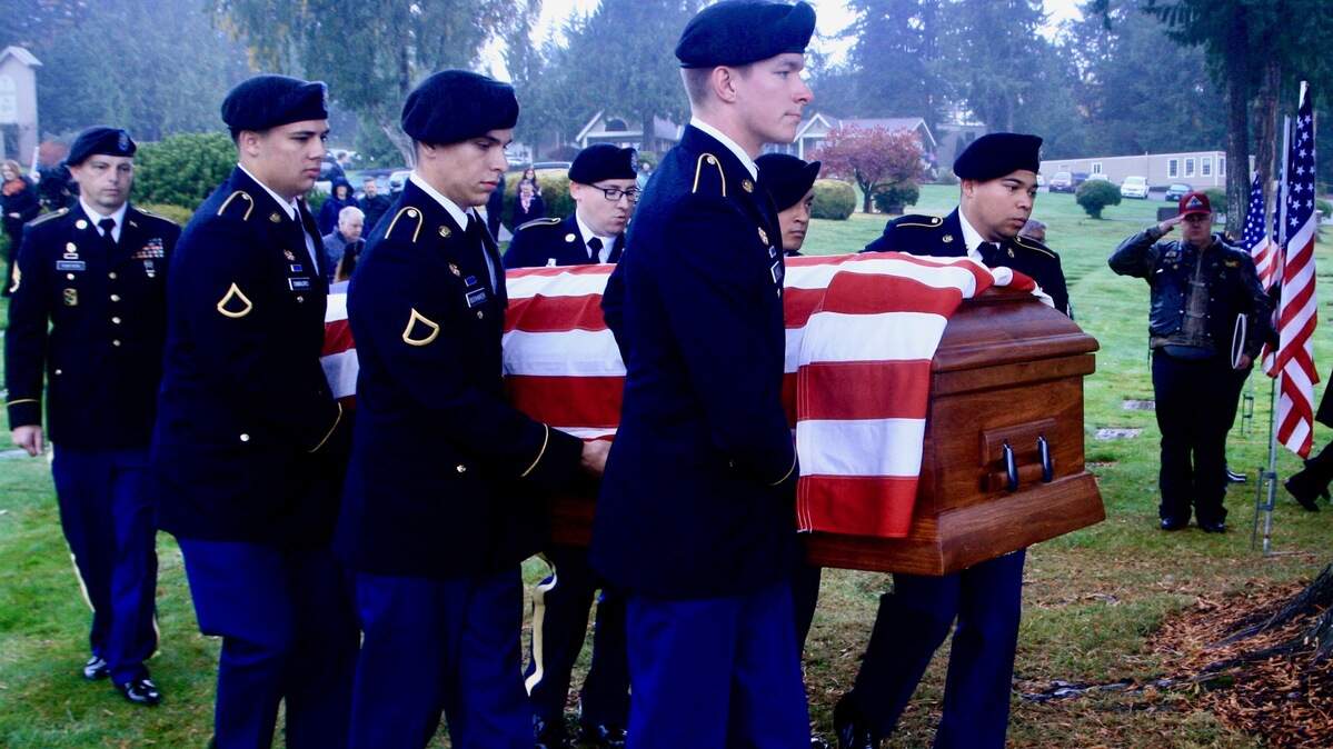 U.S. Army Pfc. Donald E. Mangan, killed in action in Germany in WWII is carried to his final resting place at Gig Harbor’s Haven of Rest by an honor guard from Joint Base Lewis McChord.