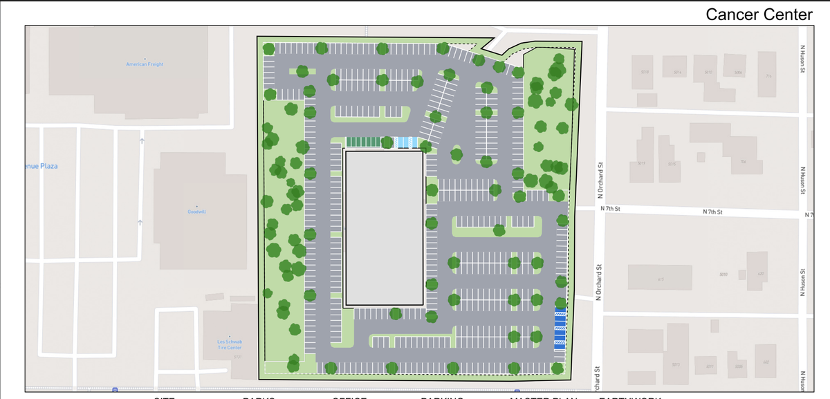 A preliminary drawing submitted to the City of Tacoma with a pre-application for a proposed Tacoma Community Cancer Center at 602 N. Orchard St.