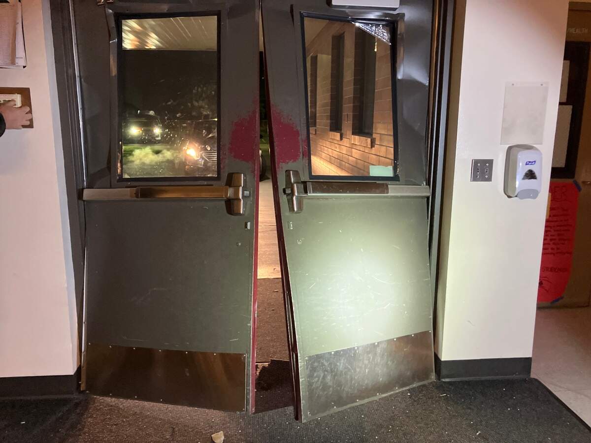 A Hyundai sedan crashed into the front doors and fence of Bethel High School on Oct. 1. Pierce County deputies have not identified a suspect.