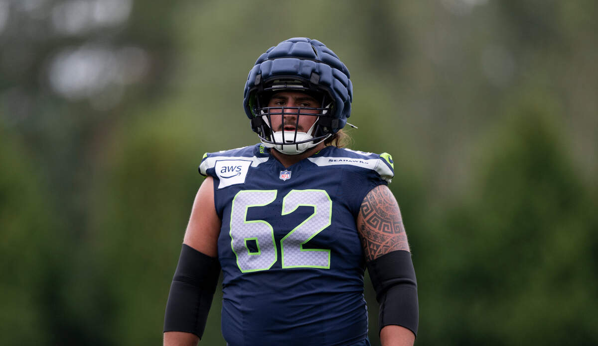 Seattle Seahawks center Federico Maranges (62) runs drills during training camp at Virginia Mason Athletic Center on Friday, July 25, 2025, in Renton, Wash.