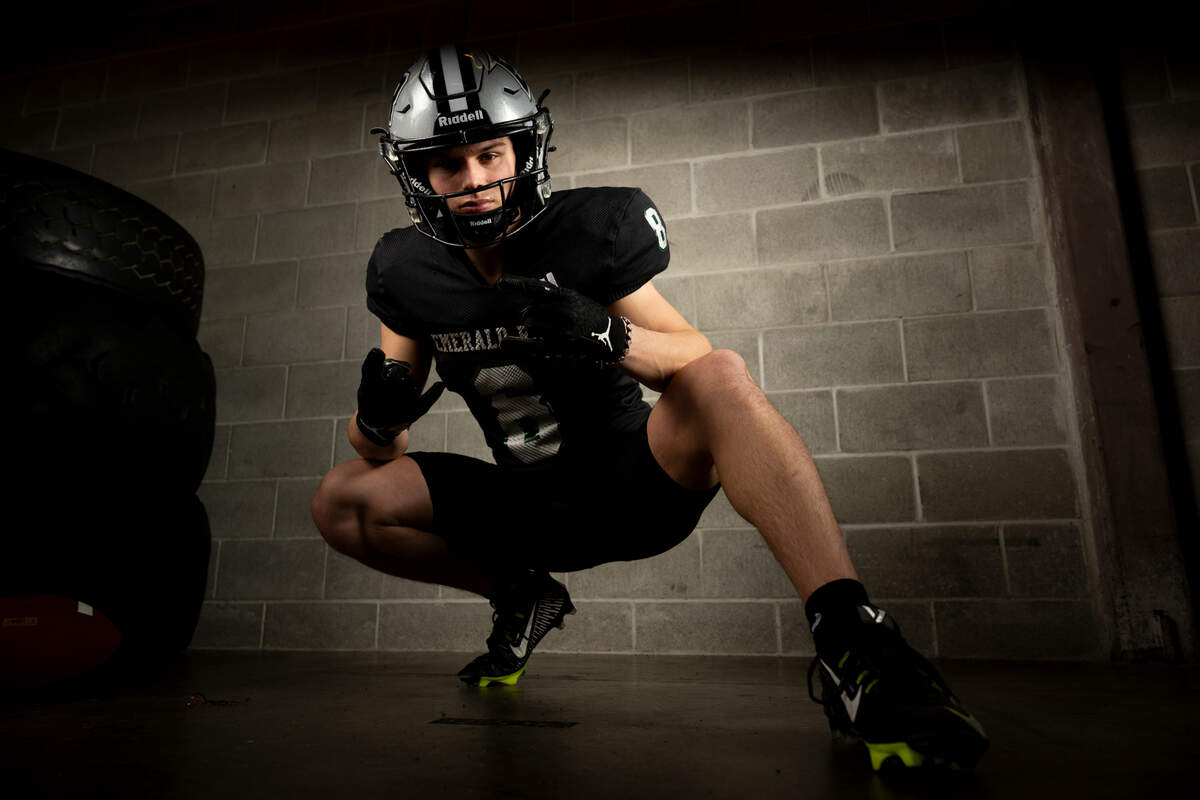 Emerald Ridge senior defensiveback Gio Kafentzis poses for a portrait after being selected as first-team offense for The News Tribune’s 2023 All-Area football team at Mount Tahoma High School, on Sunday, Dec. 10, 2023, in Tacoma, Wash.