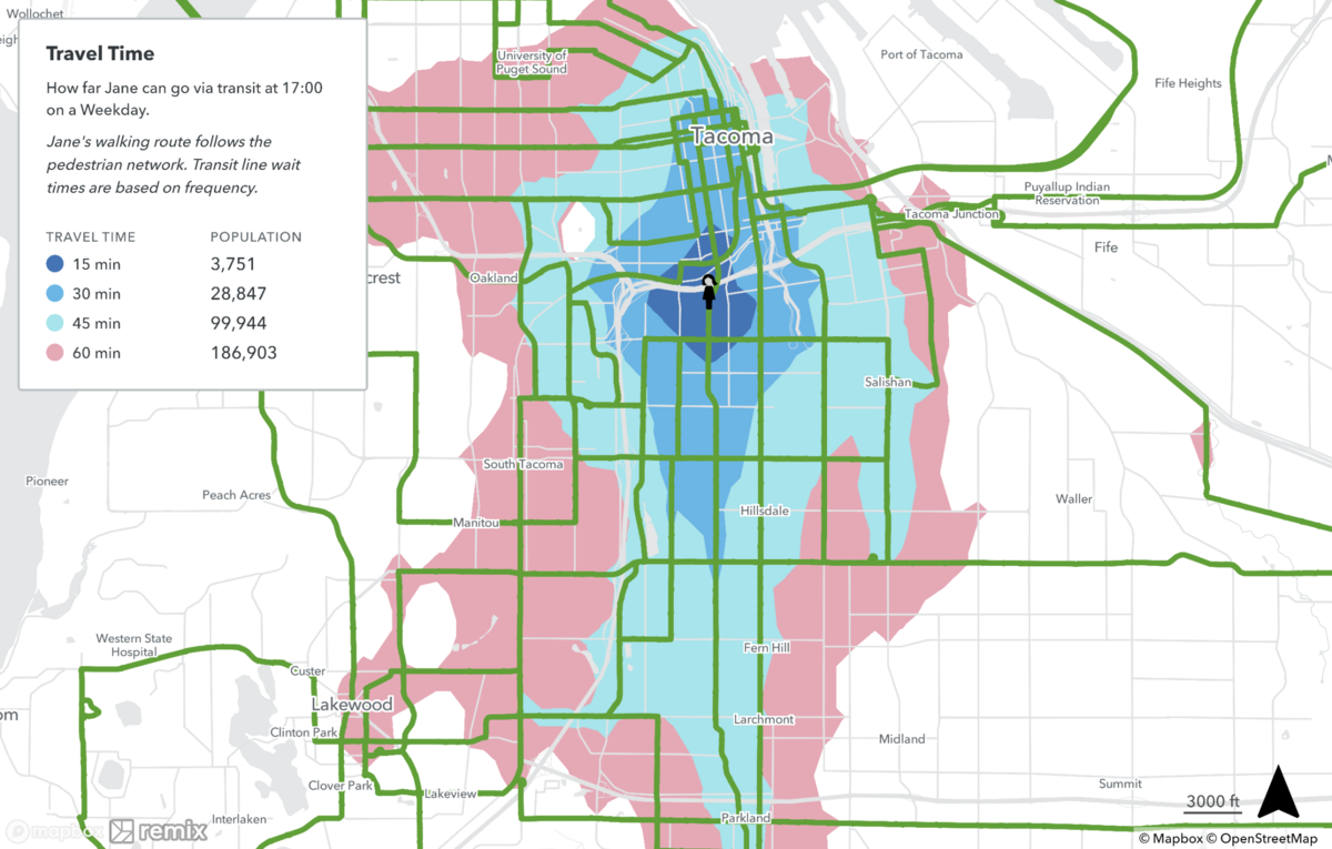 A graphic from Pierce Transit showing bus travel times to different parts of the city from the 32-3400 block of South Thompson Avenue in Tacoma.