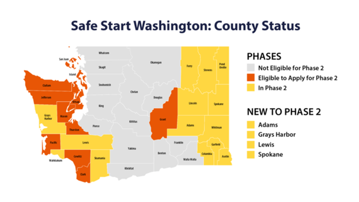 County phase status during the COVID-19 pandemic as of Friday, May 22, 2020.