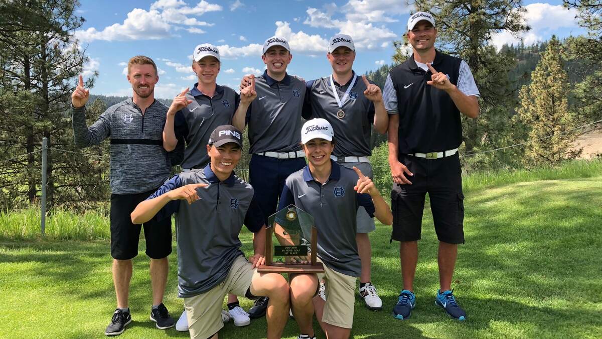 Gig Harbor won the Class 3A state boys golf championship. Top row, from left: Shane Henderson, Branden McGinnis, Griffin McCauley, Caden Arnold and Billy Landram. Bottom row: Sean Vaovasa and Jaydon Raquiza.