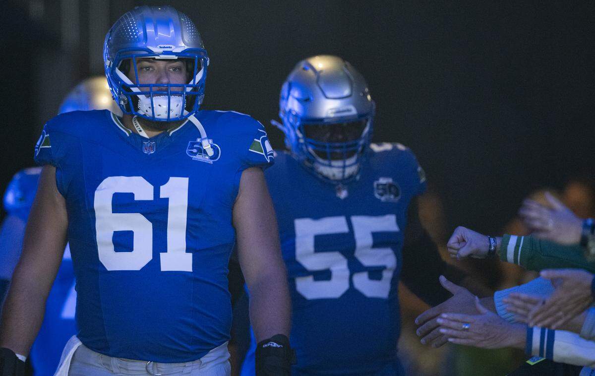 Seattle Seahawks center Jalen Sundell (61) walks out before the game against the Tampa Bay Buccaneers at Lumen Field, on Sunday, Oct. 5, 2025, in Seattle.