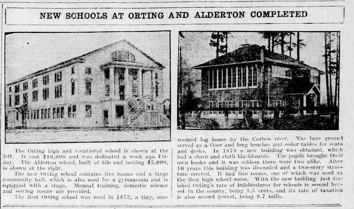 A news clipping from 1915 detailing the building completion of the Alderton School.