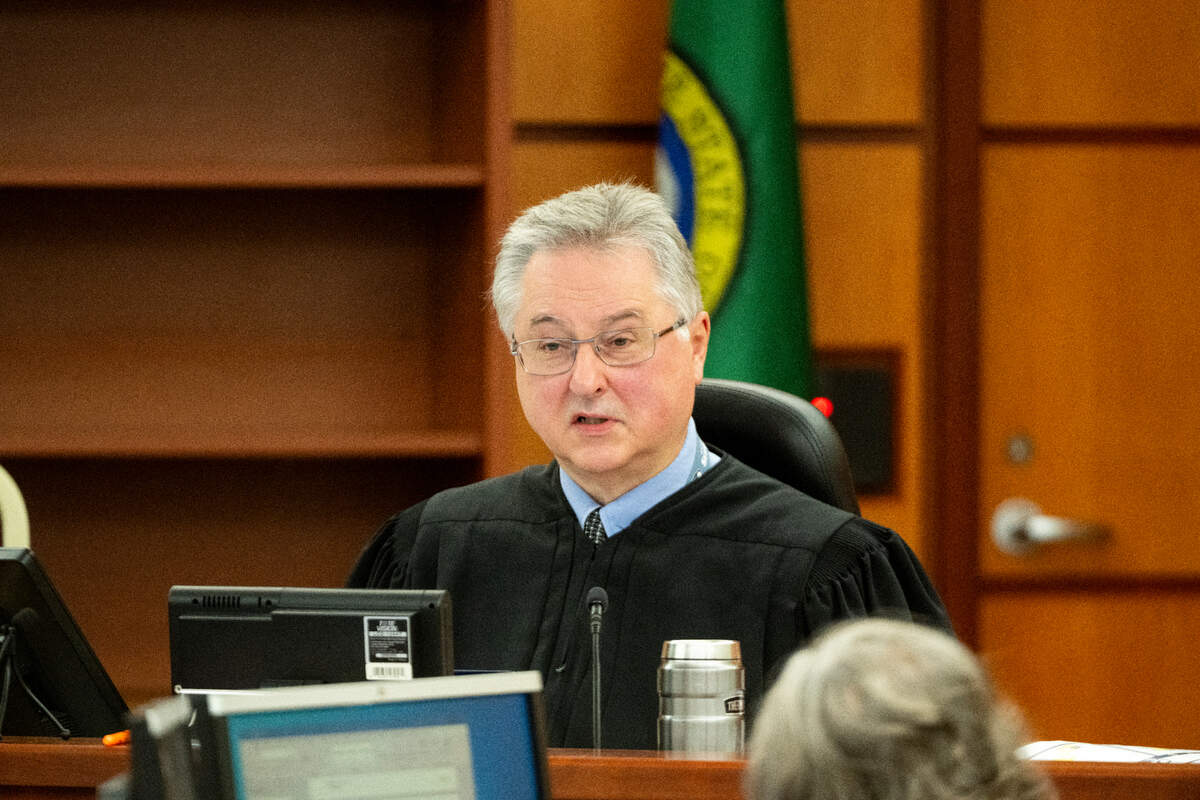 Judge Bryan Chushcoff speaks during the trial of three Tacoma police officers in the killing of Manny Ellis at Pierce County Superior Court, Monday, Oct. 16, 2023.