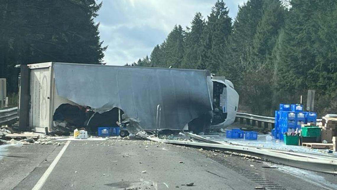 A semi truck crashed on soutbound state Route 507 on Tuesday afternoon, blocking all lanes and spilling 50 gallons of milk onto the road.