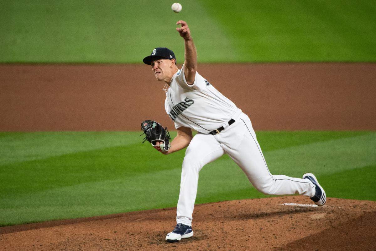 Seattle Mariners starting pitcher Nick Margevicius (52) pitches during the fourth inning. The Seattle Mariners played the Houston Astros in a Major League Baseball game at T-Mobile Park in Seattle, Wash., on Wednesday, Sept. 23, 2020.