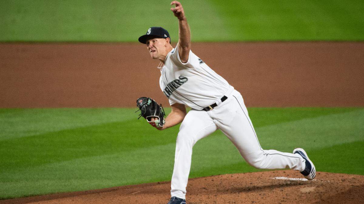 Seattle Mariners pitcher Nick Margevicius (52) pitches against the Houston Astros in a Major League Baseball game last fall.