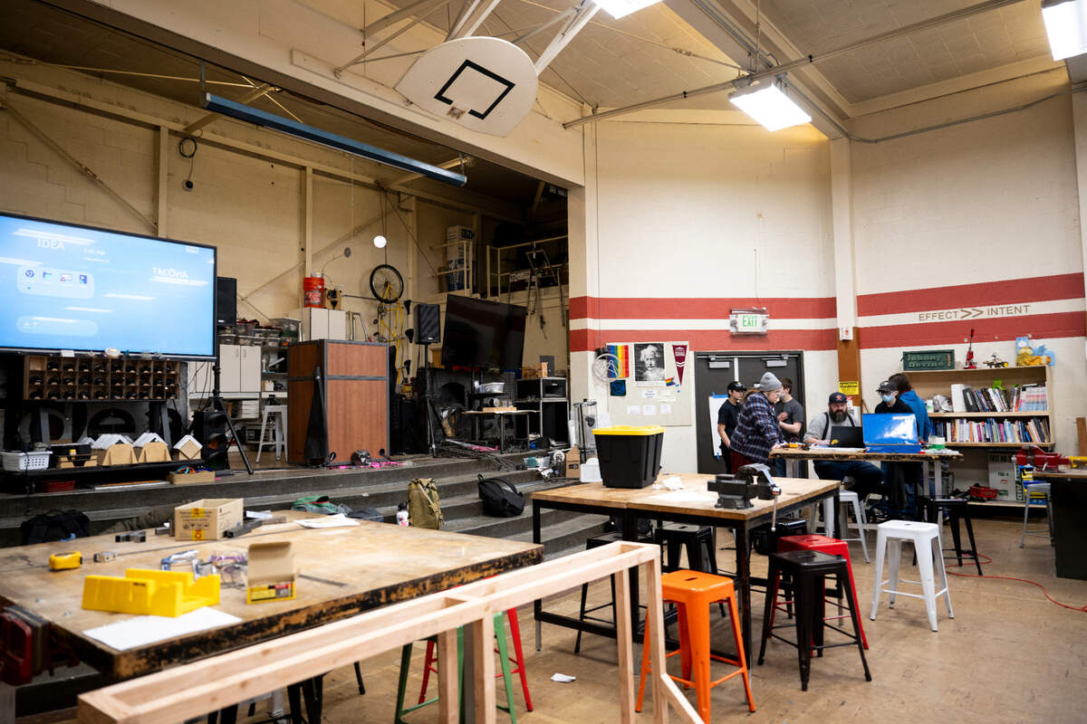 The STEM Museum class is working on an exhibit that will be displayed in the Pacific Science Center, in what was formerly a gym and auditorium at School of Industrial Design, Engineering and Art, on Friday, Jan. 19, 2024, in Tacoma, Washington. Prop 1, which voters will decide on Feb. 13, would allow IDEA High School and other schools to make improvements.