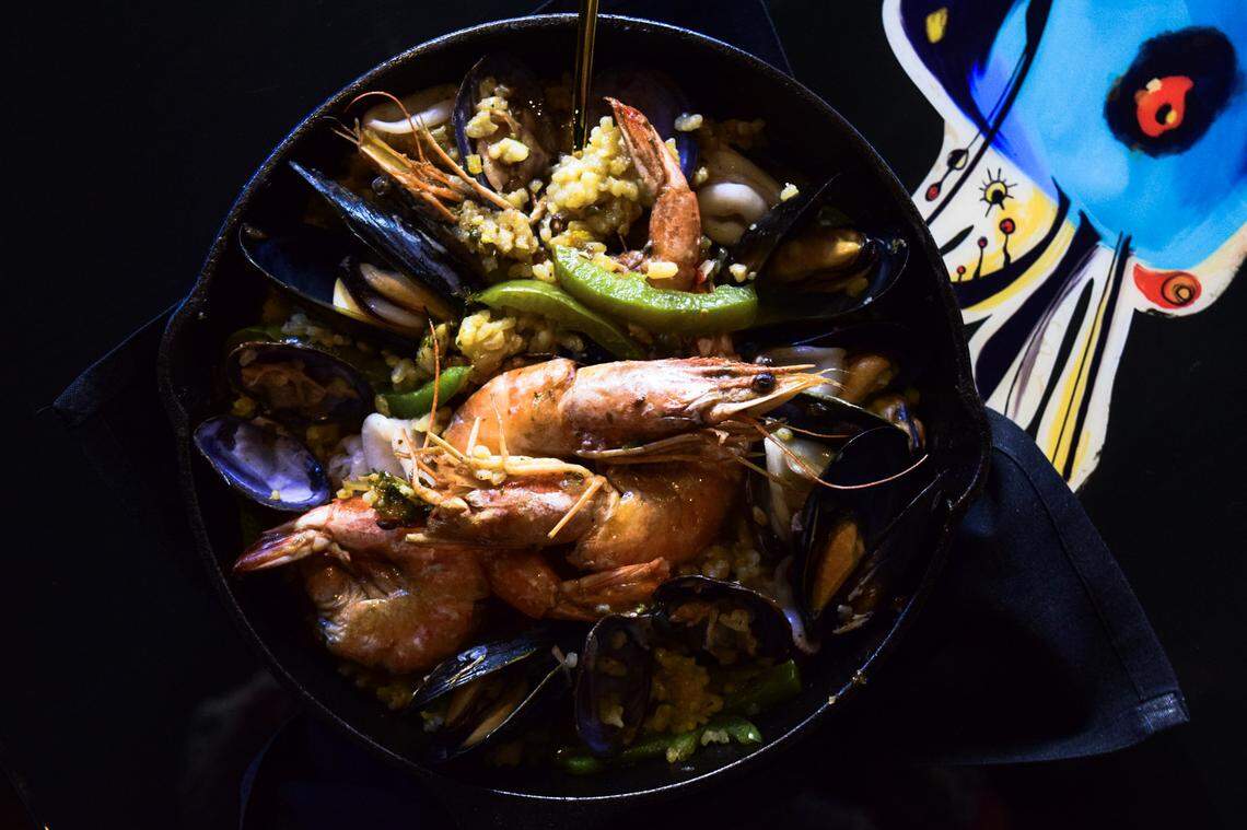 In addition to an array of hot and cold tapas, shareable mains include three styles of paella. The classic features saffron rice, mussels, clams, calamari, shrimp and green bell peppers.