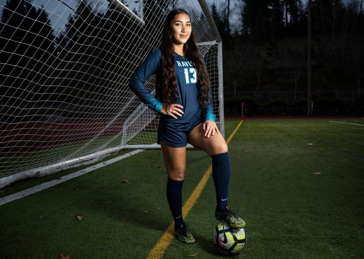 Auburn Riverside senior Samiah Shell poses for a portrait after being selected as the News Tribune’s player of the year, on the soccer field at Auburn Riverside High School in Auburn, Wash. on Dec. 13, 2022.