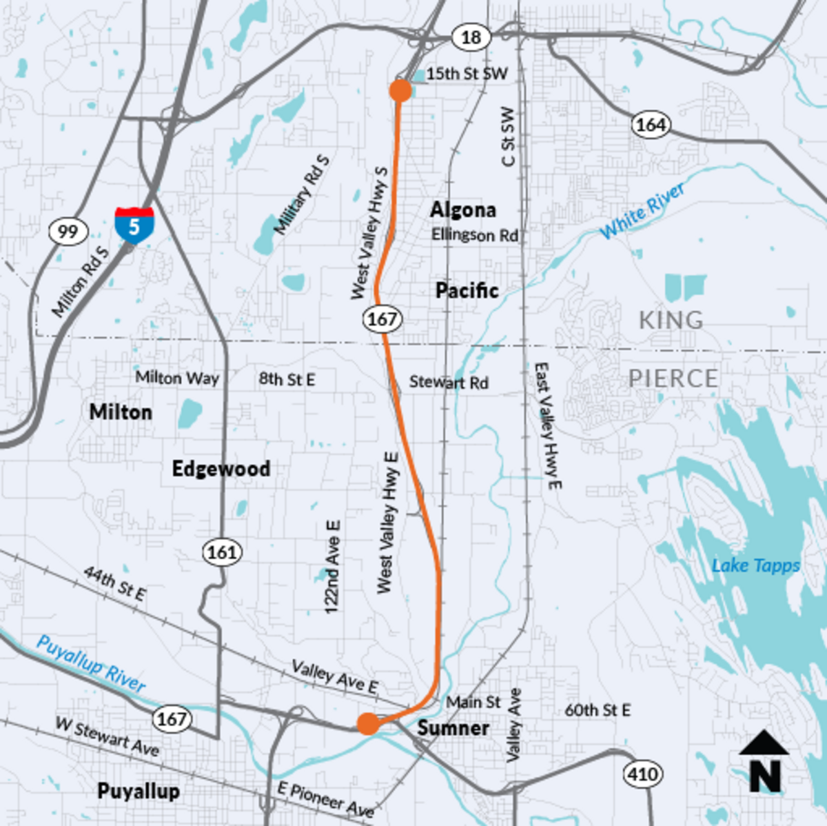 A WSDOT project map shows where completed HOV lanes will be available to drivers on northbound state Route 167 between Sumner and Auburn