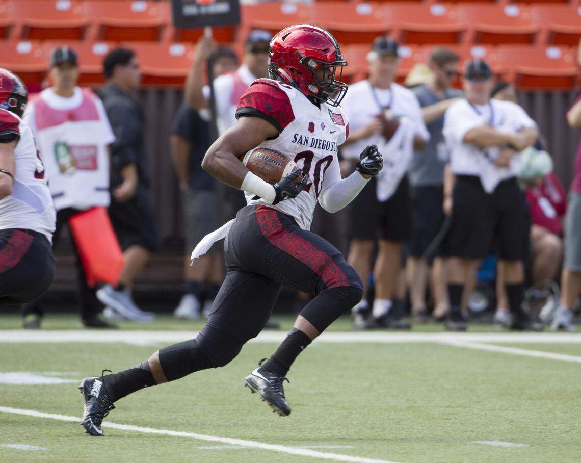 San Diego State running back Rashaad Penny (20) runs back the opening kickoff for a touchdown against Cincinnati in the first quarter of the Hawaii Bowl NCAA college football game, Thursday, Dec. 24, 2015, in Honolulu. (AP Photo/Eugene Tanner)