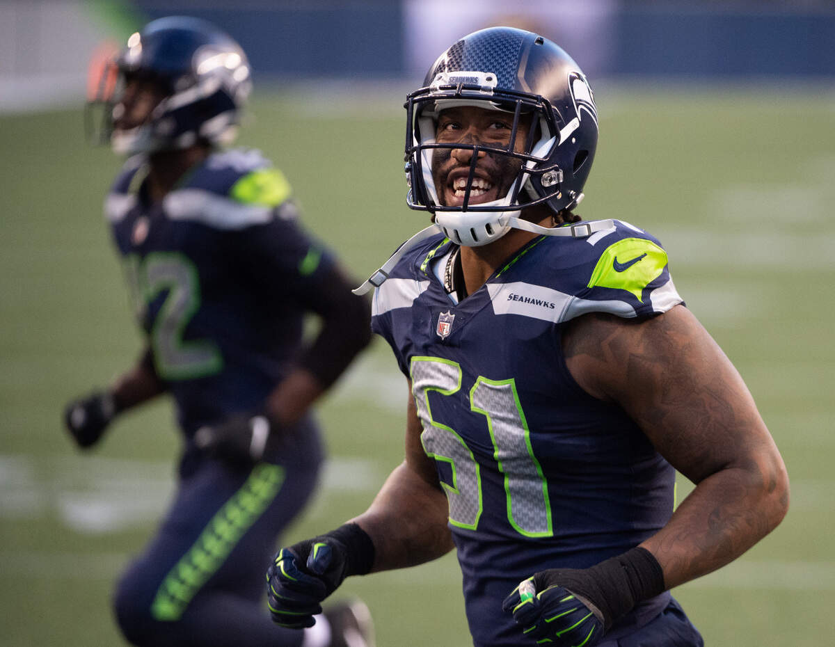 Seattle Seahawks linebacker Bruce Irvin (51) walks off the field for halftime. The Seattle Seahawks played the New England Patriots in a NFL football game at CenturyLink Field in Seattle, Wash., on Sunday, Sept. 20, 2020.