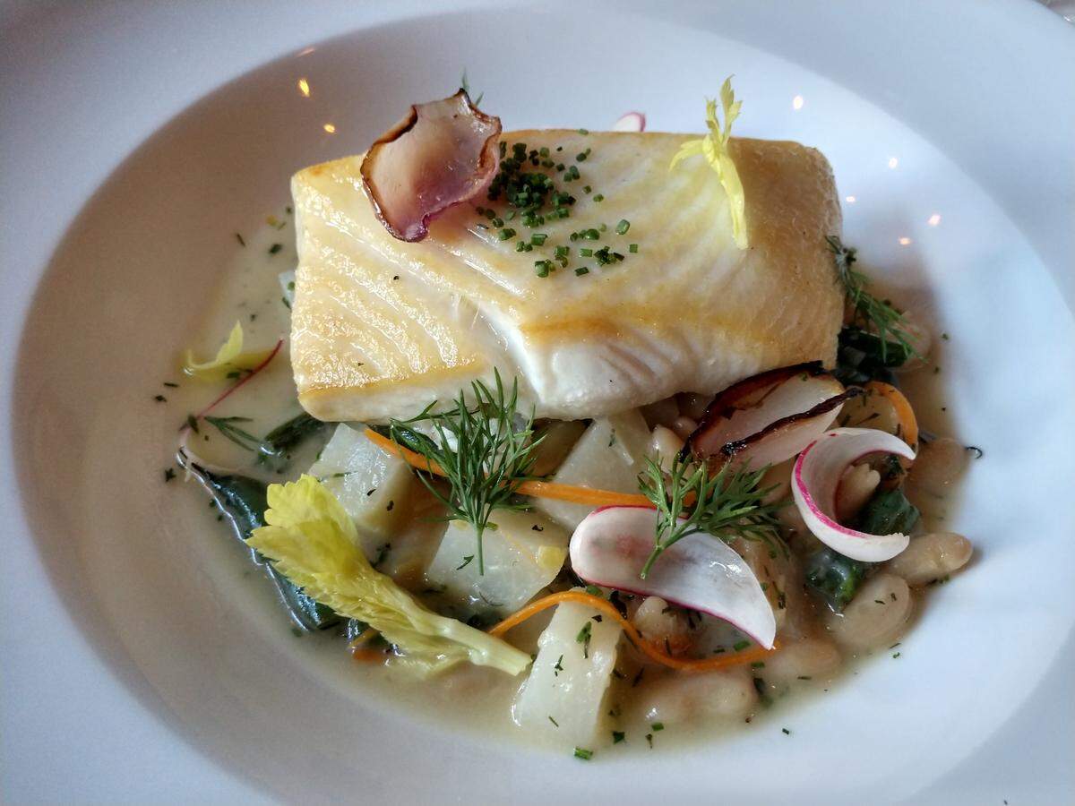 Seared halibut with summer beans and broth from Wooden City in downtown Tacoma.