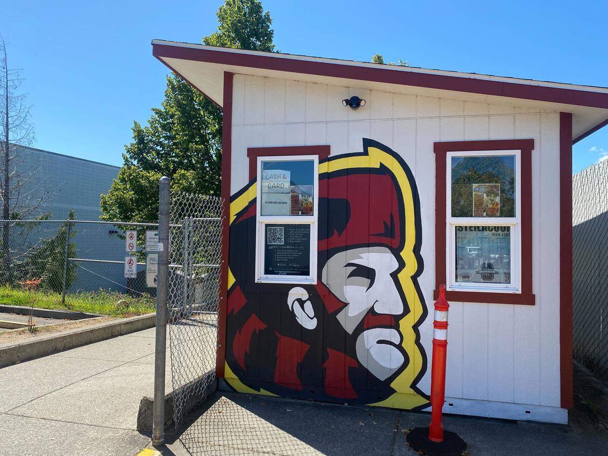 The Sentinels logo covers Steilacoom High School’s ticket booth on the first day of high school football practice at Steilacoom High School on Aug. 20, 2025, in Steilacoom, Wash.