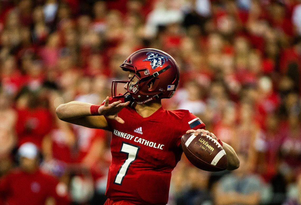 Kennedy Catholic’s Sam Huard (7) throws a pass during the first quarter. Kennedy Catholic played Bethel in a high school football game at CenturyLink Field in Seattle, Wash., on Friday, Sept. 6, 2019.