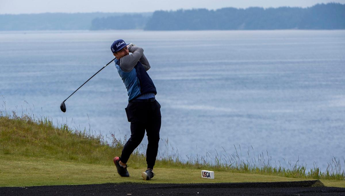 Danny Woodhead, a former running back for the New England Patriots, tees off during a practice round at Chambers Bay Golf Course in University Place on Friday, May 21, 2021. Woodhead will be competing in the U.S. Amateur Four-Ball Championship.