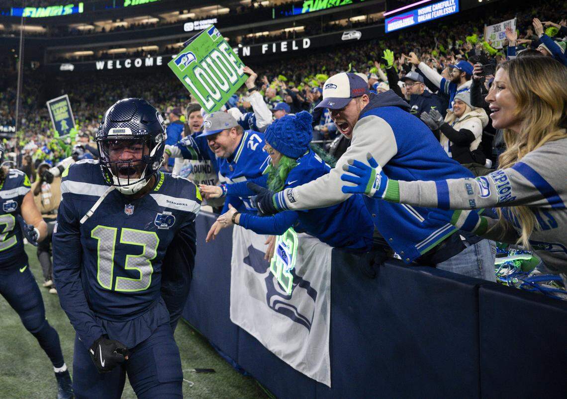 Seattle Seahawks linebacker Ernest Jones IV (13) reacts to a covered fumbleagainst the San Francisco 49ers during the first quarter of the NFC Divisional Round game at Lumen Field, on Saturday, Jan. 17, 2026, in Seattle.