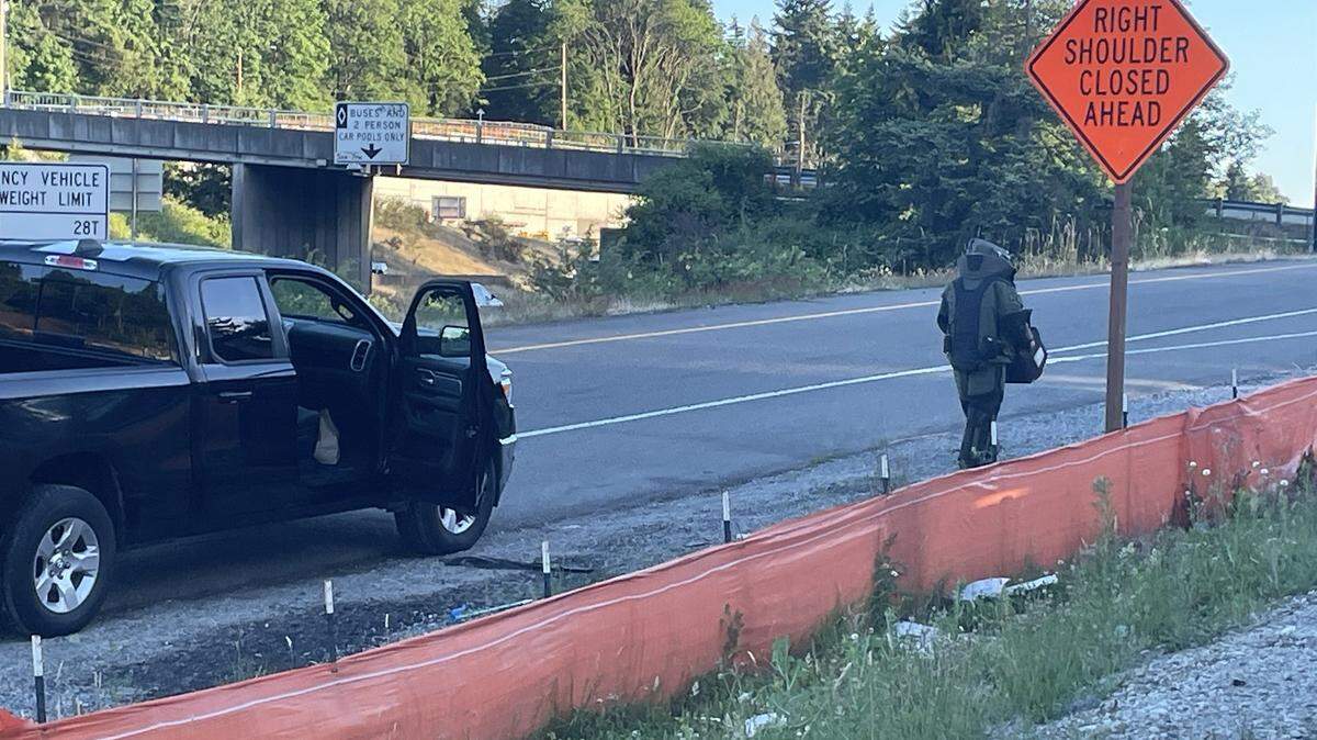 A bomb squad responded to a man’s truck after he found a tennis ball with a fuse inside of his vehicle near Interstate 405 in Washington, troopers said.