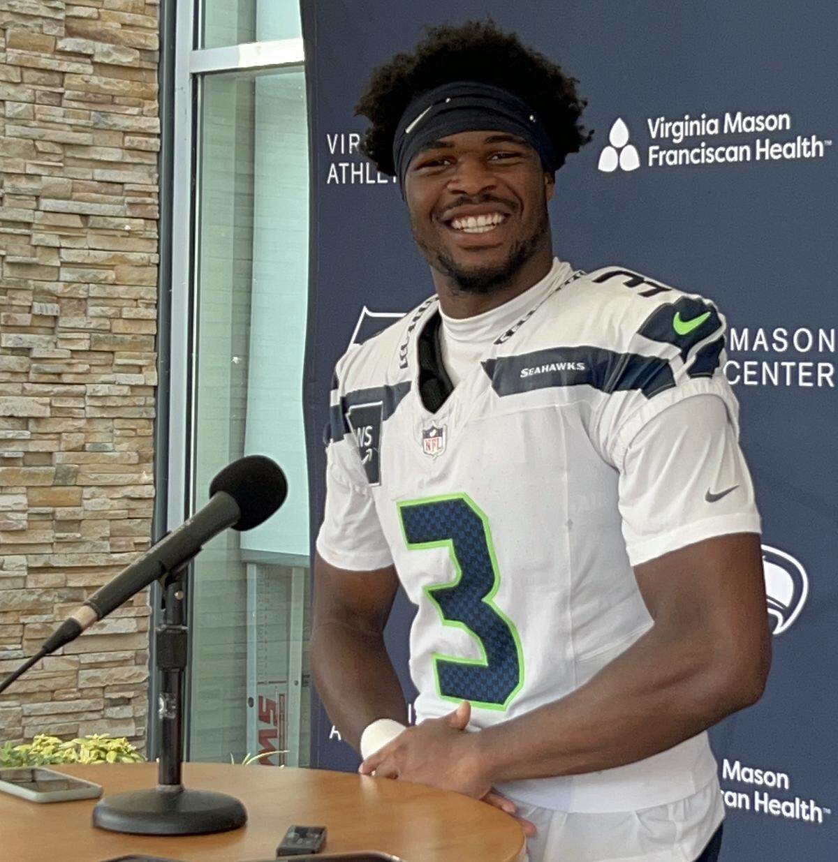Rookie safety and second-round pick Nick Emmanwori is all smiles over his start to his first Seahawks and NFL training camp on Friday, Aug. 1, 2025, at the Virginia Mason Athletic Center in Renton.